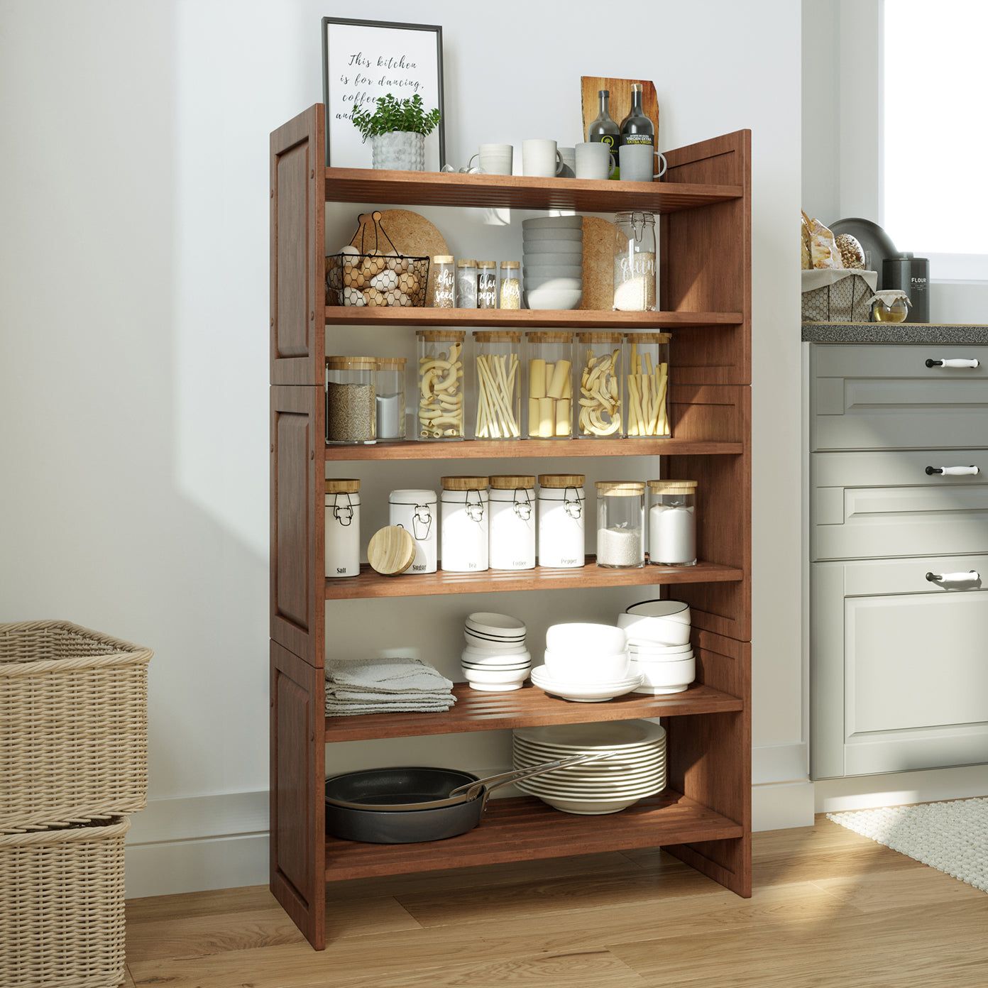 chestnut 3 tiered shelving rack organizing spices and utensils in kitchen