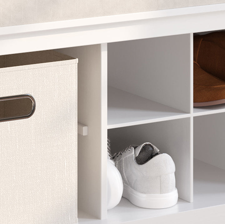 close up features of cubby and shoe storage in an entryway bench