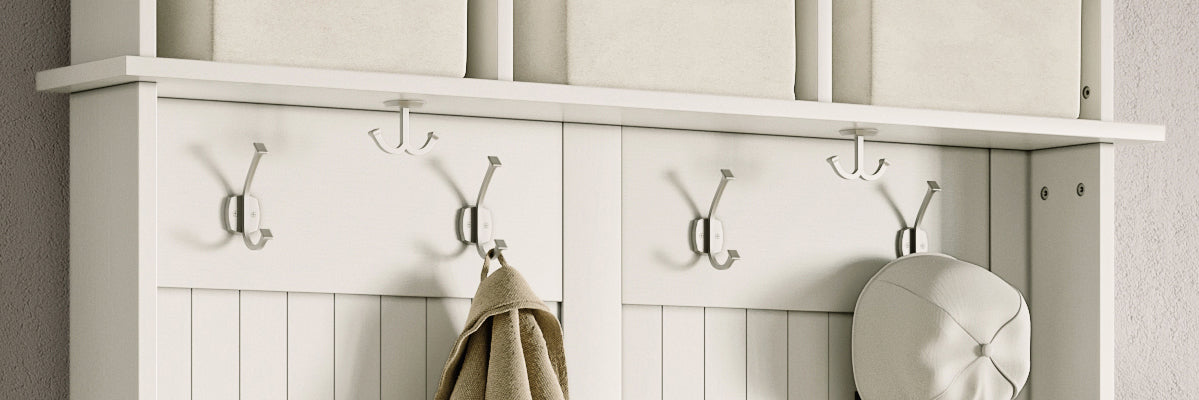 closeup image of the John Louis Home hall tree coat and hat hooks organizing items