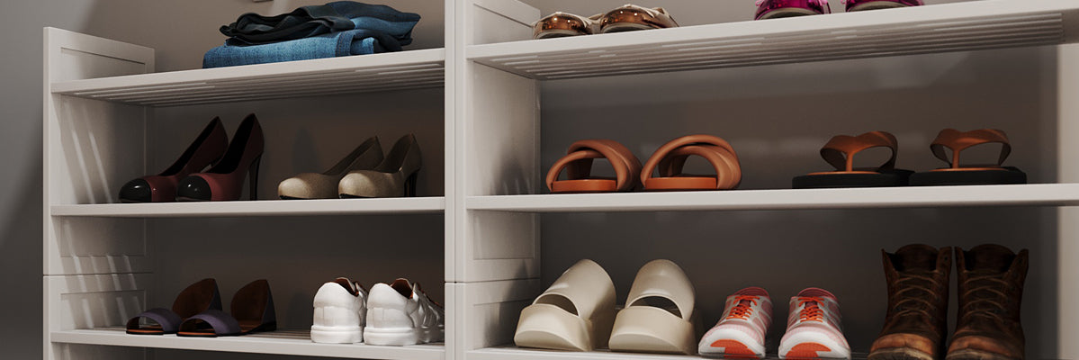 image of stackable shelving used as a closet shoe rack